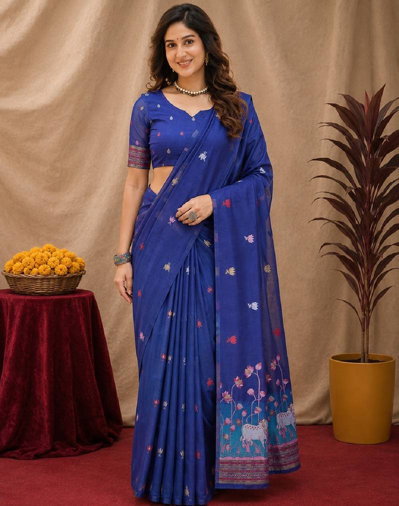 Blue linen jacuard animal motif work saree with unstitched blouse piece