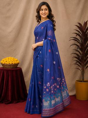 Blue linen jacuard animal motif work saree with unstitched blouse piece 2