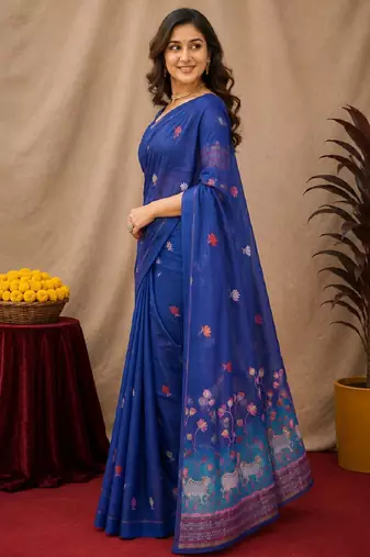 Blue linen jacuard animal motif work saree with unstitched blouse piece