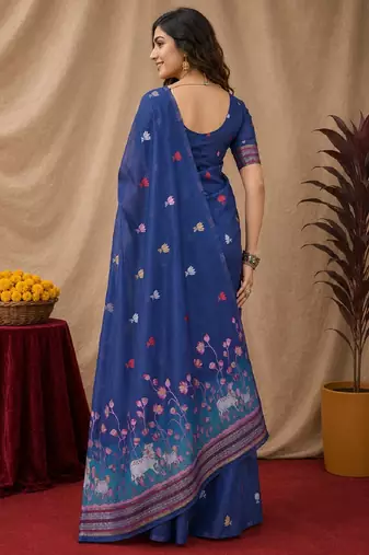 Blue linen jacuard animal motif work saree with unstitched blouse piece