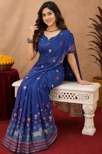 Blue linen jacuard animal motif work saree with unstitched blouse piece