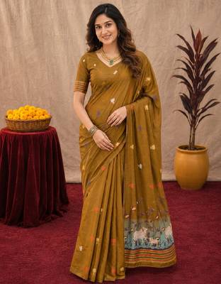 Mustard linen jacuard animal motif work saree with unstitched blouse piece 1