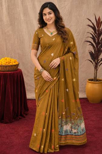 Mustard linen jacuard animal motif work saree with unstitched blouse piece