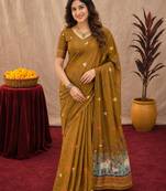 Mustard linen jacuard animal motif work saree with unstitched blouse piece