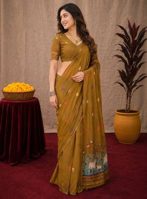Mustard linen jacuard animal motif work saree with unstitched blouse piece 2