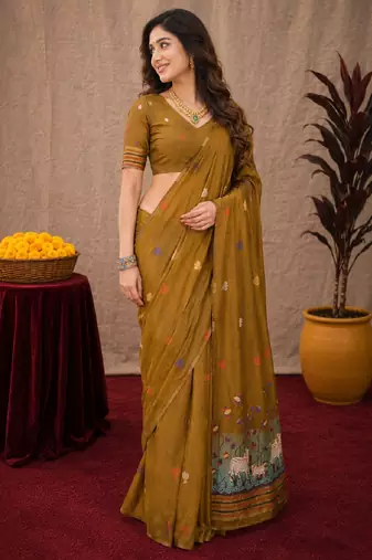Mustard linen jacuard animal motif work saree with unstitched blouse piece