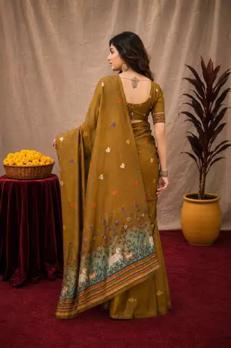 Mustard linen jacuard animal motif work saree with unstitched blouse piece