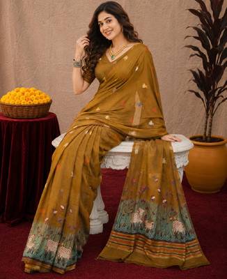 Mustard linen jacuard animal motif work saree with unstitched blouse piece 4