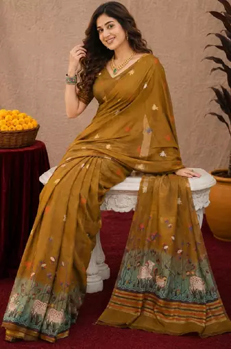 Mustard linen jacuard animal motif work saree with unstitched blouse piece