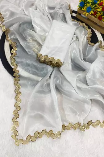 White multicolor sequece embroidery work jimmy choo saree with blouse