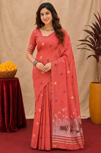 Peach linen jacuard animal motif work saree with unstitched blouse piece