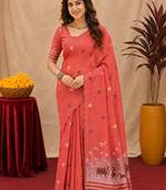 Peach linen jacuard animal motif work saree with unstitched blouse piece