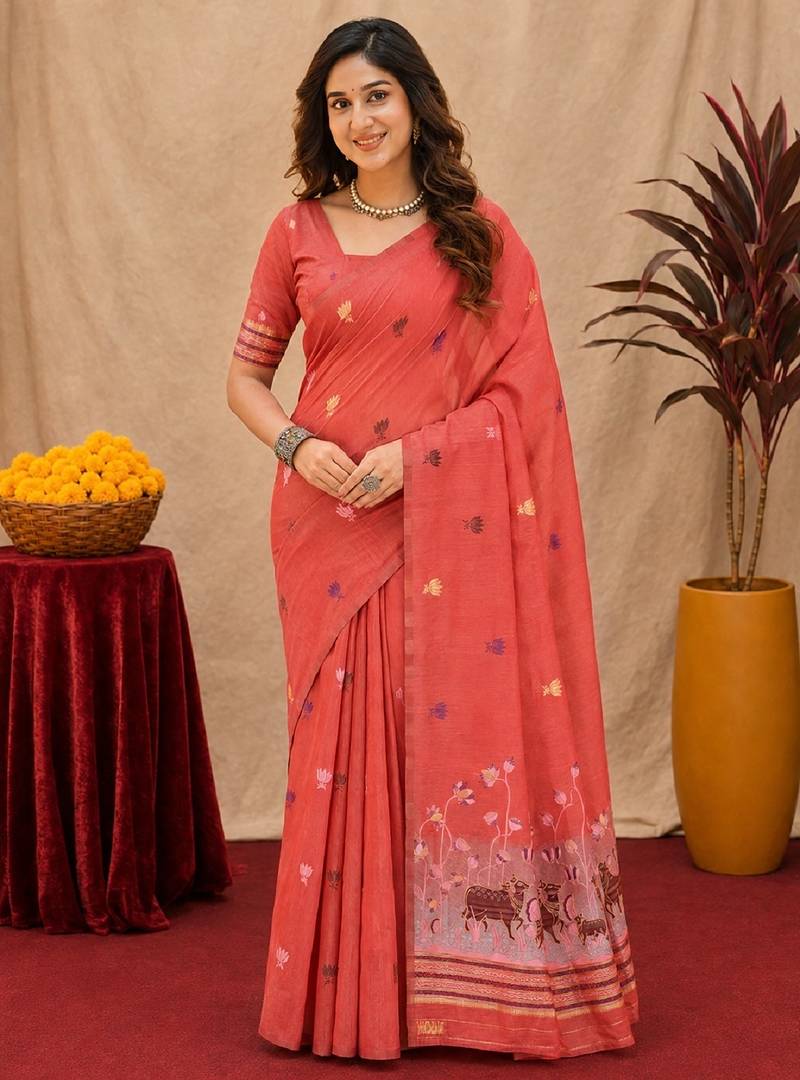 Peach linen jacuard animal motif work saree with unstitched blouse piece