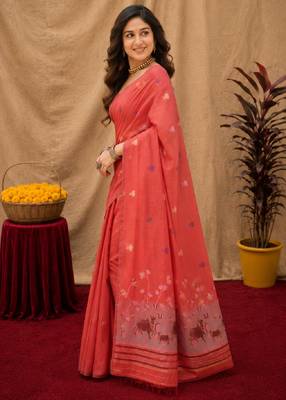 Peach linen jacuard animal motif work saree with unstitched blouse piece 2