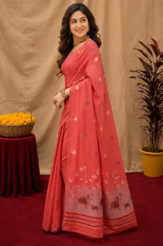 Peach linen jacuard animal motif work saree with unstitched blouse piece