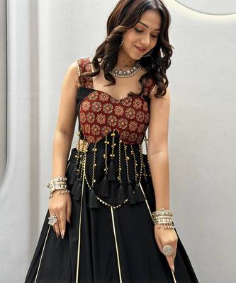 Black Heavy Hand latkan & Ajrak print Cotton Navratri Lahenga Choli Set 2