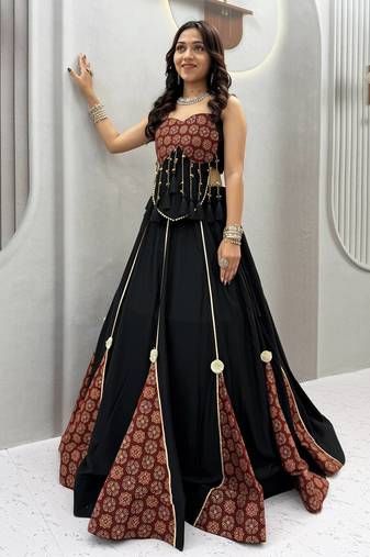 Black Heavy Hand latkan & Ajrak print Cotton Navratri Lahenga Choli Set