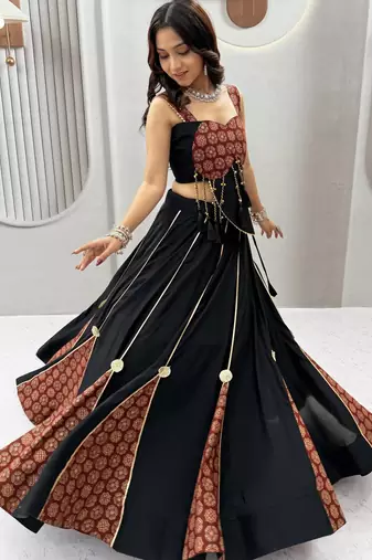Black Heavy Hand latkan & Ajrak print Cotton Navratri Lahenga Choli Set