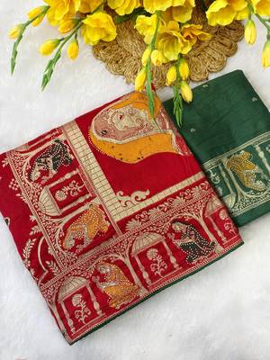 Red tapela dying dola silk blend saree with blouse 1