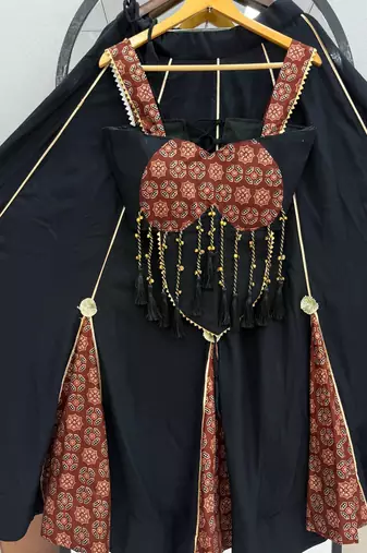 Black Heavy Hand latkan & Ajrak print Cotton Navratri Lahenga Choli Set