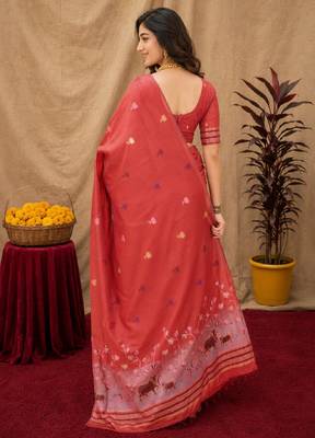 Peach linen jacuard animal motif work saree with unstitched blouse piece 3