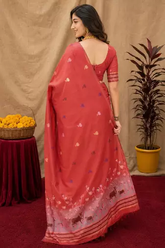 Peach linen jacuard animal motif work saree with unstitched blouse piece