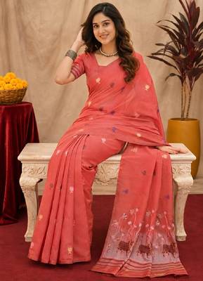 Peach linen jacuard animal motif work saree with unstitched blouse piece 4