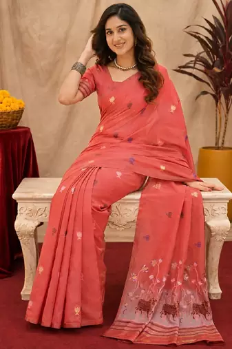 Peach linen jacuard animal motif work saree with unstitched blouse piece