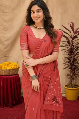 Peach linen jacuard animal motif work saree with unstitched blouse piece