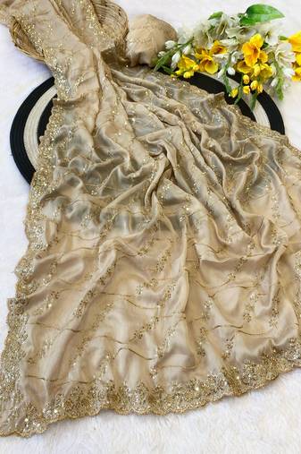 Chikoo multicolor sequece embroidery work rangoli saree with blouse