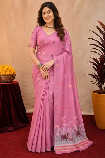 Pink linen jacuard animal motif work saree with unstitched blouse piece