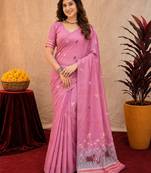 Pink linen jacuard animal motif work saree with unstitched blouse piece