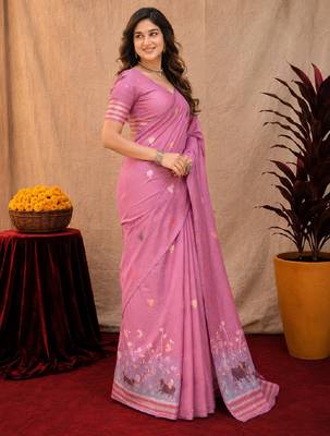 Pink linen jacuard animal motif work saree with unstitched blouse piece 2