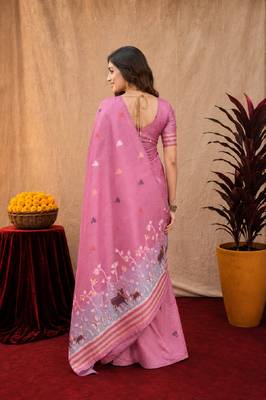 Pink linen jacuard animal motif work saree with unstitched blouse piece 3