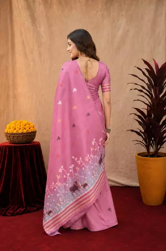 Pink linen jacuard animal motif work saree with unstitched blouse piece