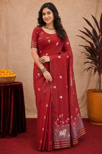 Red linen jacuard animal motif work saree with unstitched blouse piece