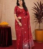 Red linen jacuard animal motif work saree with unstitched blouse piece