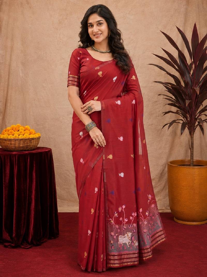 Red linen jacuard animal motif work saree with unstitched blouse piece