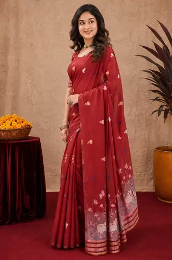 Red linen jacuard animal motif work saree with unstitched blouse piece