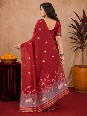 Red linen jacuard animal motif work saree with unstitched blouse piece 3