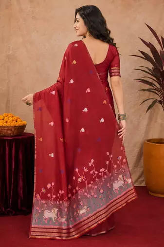 Red linen jacuard animal motif work saree with unstitched blouse piece
