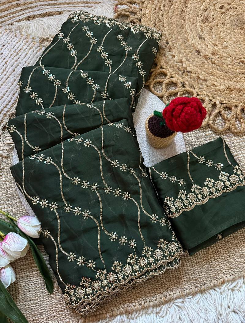 Green multicolor sequece embroidery work rangoli saree with blouse