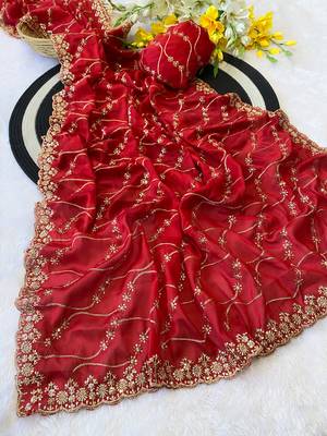 Red multicolor sequece embroidery work rangoli saree with blouse 1