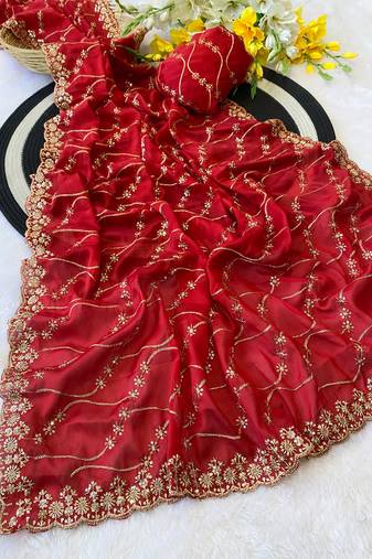 Red multicolor sequece embroidery work rangoli saree with blouse