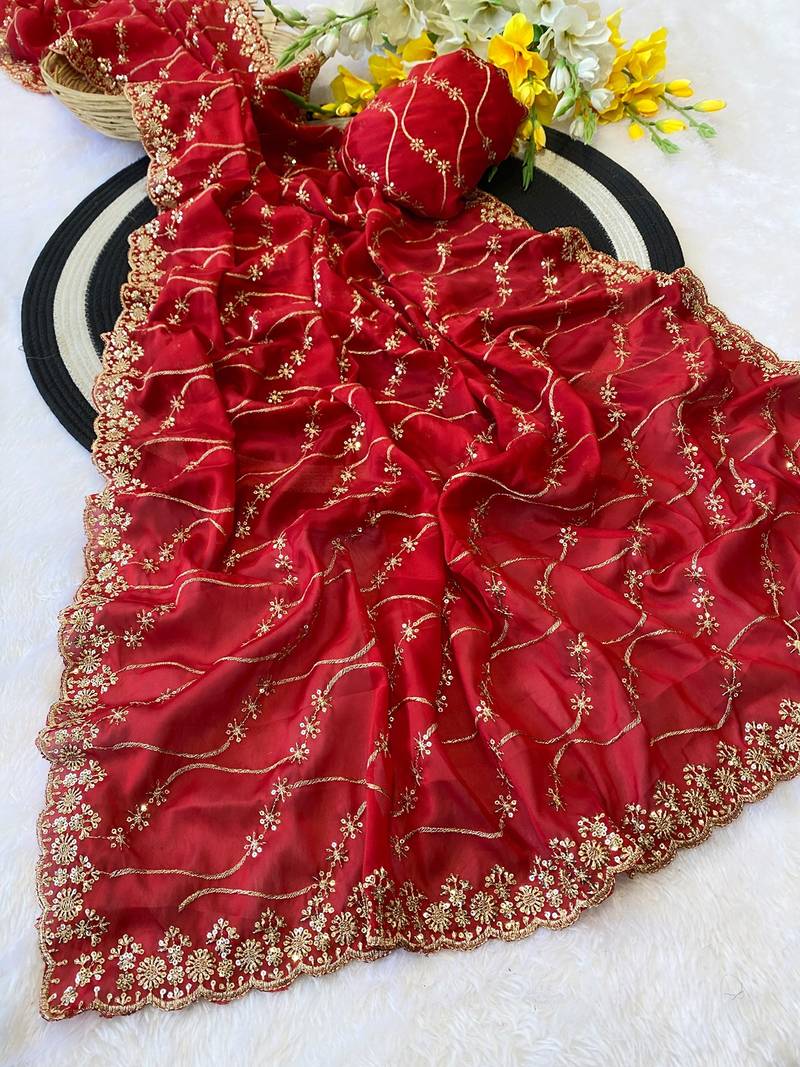 Red multicolor sequece embroidery work rangoli saree with blouse
