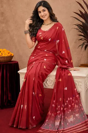 Red linen jacuard animal motif work saree with unstitched blouse piece