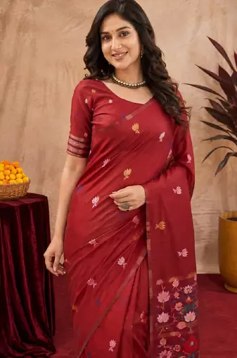 Red linen jacuard animal motif work saree with unstitched blouse piece