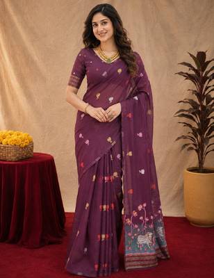 Wine linen jacuard animal motif work saree with unstitched blouse piece 1