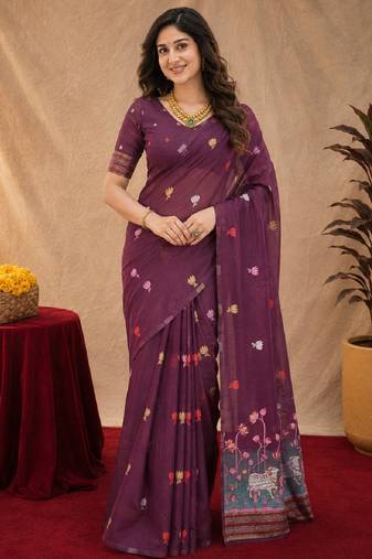 Wine linen jacuard animal motif work saree with unstitched blouse piece