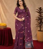 Wine linen jacuard animal motif work saree with unstitched blouse piece